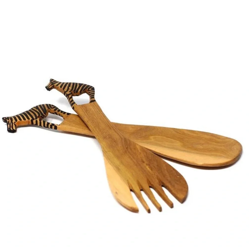 Handcrafted Wooden Zebra Salad Servers 12” Fork & Spoon